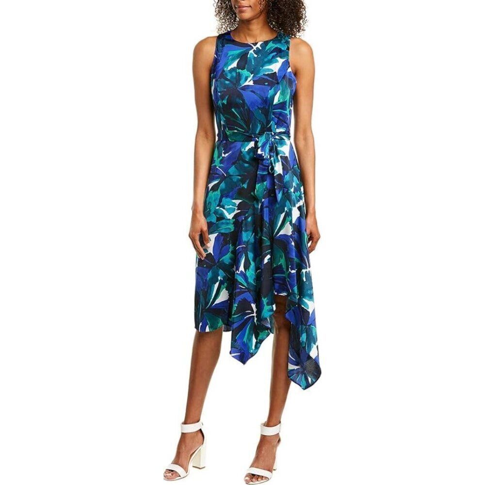 London Times Women’s Satin Floral Sleeveless Asymmetrical Hem Dress Size 10